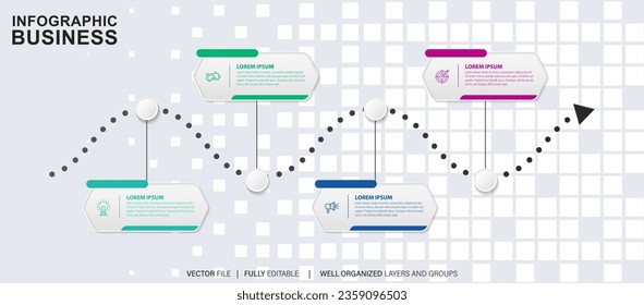Plantilla de infografía para empresas. 4 Escalas Diagrama moderno de la línea de tiempo con concepto de viaje por carretera, infografía del vector de presentación.