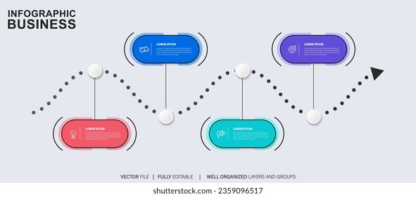Plantilla de infografía para empresas. 4 Escalas Diagrama moderno de la línea de tiempo con concepto de viaje por carretera, infografía del vector de presentación.