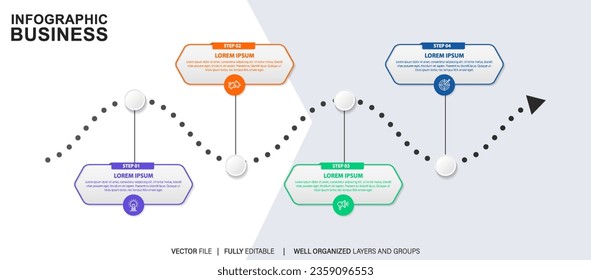Infografische Vorlage für Unternehmen. 4 Schritte Modernes Zeitdiagramm mit Straßenverkehrskonzept, Darstellung Vektorgrafik.