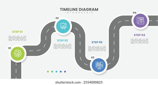 Infographic template for business. 4 Steps Modern Timeline diagram with road journey concept, presentation infographic