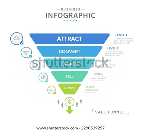Infographic template for business. 5 Level Modern Sales funnel diagram with icon topics, presentation vector infographic.