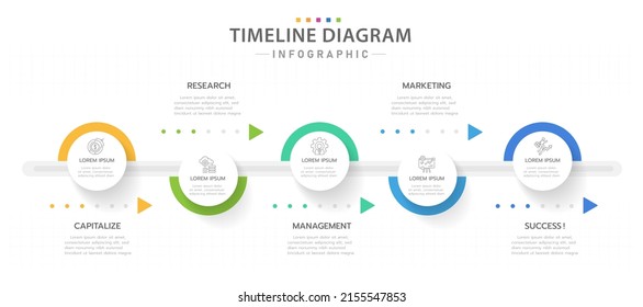 Plantilla de infografía para empresas. 5 Pasos Diagrama moderno de línea de tiempo con flechas de progreso, infografía del vector de presentación.