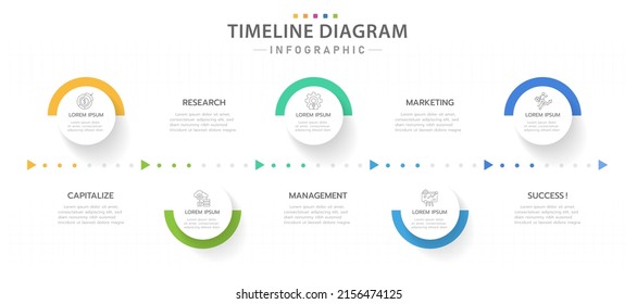 Plantilla de infografía para empresas. 5 Pasos Diagrama moderno de línea de tiempo con flechas de progreso, infografía del vector de presentación.