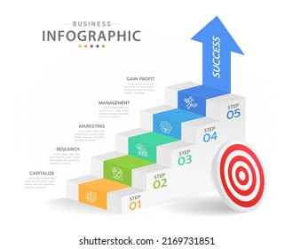 Infographic template for business. 5 Steps Modern Stair diagram with arrow and topics, presentation vector infographic.