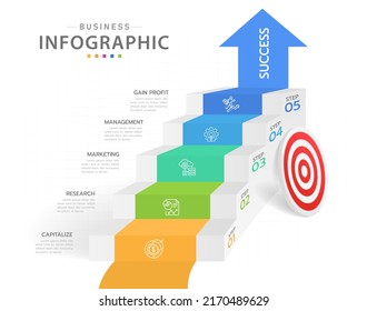 Plantilla de infografía para empresas. 5 pasos Diagrama de escalera moderna con flecha y temas, infografía del vector de presentación.