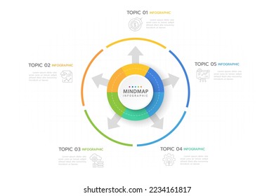 Infographic template for business. 5 Steps Modern Mindmap diagram with circles and arrows, presentation vector infographic.