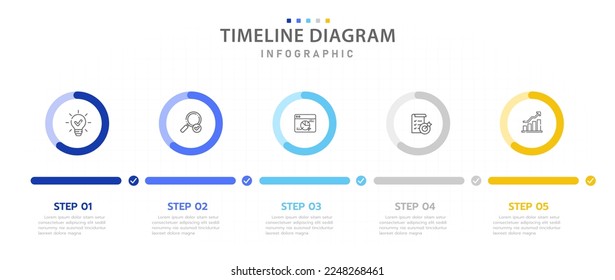 Infographic template for business. 5 Steps Modern Timeline diagram with percent pie chart, presentation vector infographic.