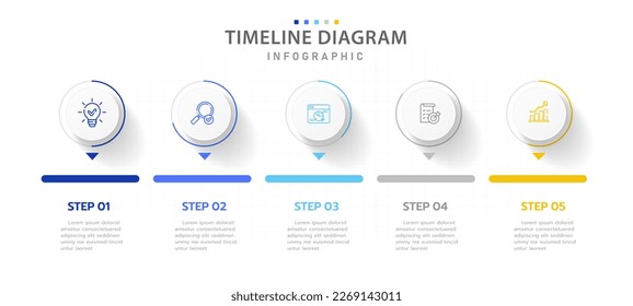 Plantilla de infografía para empresas. 5 pasos Guía de diagrama de esquema de cronología moderna con gráfico circular, infografía de vector de presentación.