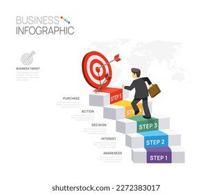 Infographic template for business. 5 Steps Target diagram businessman with staircase, presentation vector infographic.