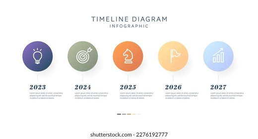 Plantilla de infografía para empresas. 5 pasos hoja de ruta del diagrama de línea de tiempo mínimo con temas de círculo, infografía del vector de presentación.