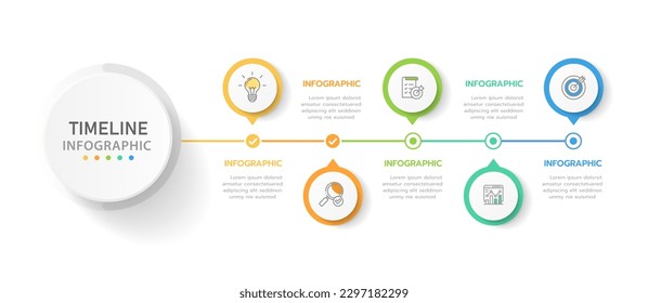 Plantilla de infografía para empresas. 5 Pasos Guía de diagrama de esquema del diagrama de línea de tiempo moderno con gráfico de temas de círculo, infografía del vector de presentación.