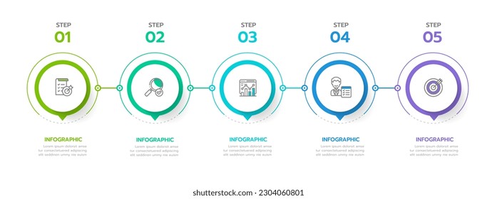 Plantilla de infografía para empresas. 5 pasos Plano de diagrama de línea de tiempo moderno con tema circular, infografía de vector de presentación.