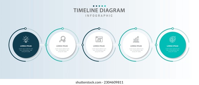 Plantilla de infografía para empresas. 5 pasos Plano de diagrama de línea de tiempo moderno con tema circular, infografía de vector de presentación.