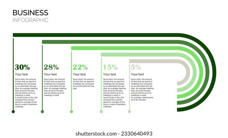 Plantilla de infografía para empresas. 5 Pasos Diagrama moderno de línea de tiempo con flechas de progreso, infografía del vector de presentación. Relación porcentual. Porcentajes. Verde y gris