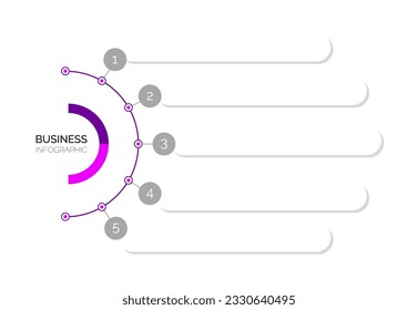 Plantilla de infografía para empresas. 5 Pasos Diagrama moderno de línea de tiempo con flechas de progreso, infografía del vector de presentación. Violeta y rosa