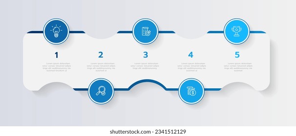 Plantilla de infografía para empresas. 5 Pasos Guía de diagrama de esquema del diagrama de línea de tiempo moderno con gráfico de temas de círculo, infografía del vector de presentación.