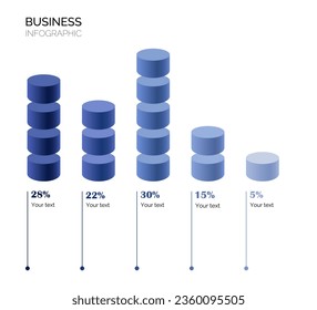 Infographic template for business. 5 Steps Modern Timeline diagram with progress arrows, presentation vector infographic. Infographic with cylinders. Percentage ratio. Percentages. Blue and grey