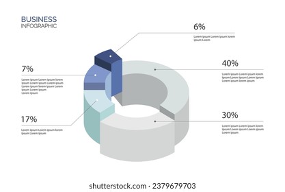 Infographic template for business. 5 Steps. Isometric pie charts different heights. Presentation vector infographic. Infographic with circle. Percentage ratio. Percentages.