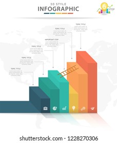 Infographic template for business. 6 Steps 3D Style bar chart diagram with ladder, presentation vector infographic.