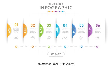 Infographic template for business. 6 Steps Modern Timeline diagram calendar with quarter, presentation vector infographic.