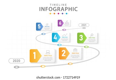 Infographic template for business. 6 Steps Modern Timeline diagram with roadmap, presentation vector infographic.