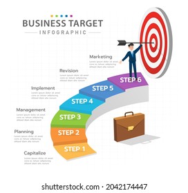 Infografische Vorlage für Unternehmen. 6 Stufen Modernes Zieldiagramm mit Treppe, Darstellung Vektorgrafik.