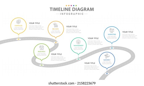 Infographic Template For Business. 6 Steps Modern Timeline Diagram With Road Journey Concept, Presentation Vector Infographic.