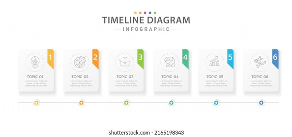 Plantilla de infografía para empresas. 6 Pasos diagrama de línea de tiempo moderno con temas de título, infografía de vector de presentación.