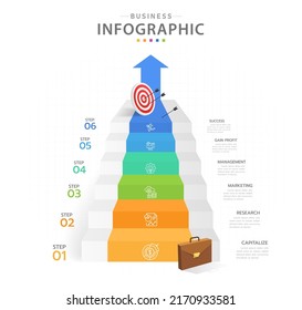 Infographic template for business. 6 Steps Modern Stair diagram with dartboard and arrows presentation vector infographic.