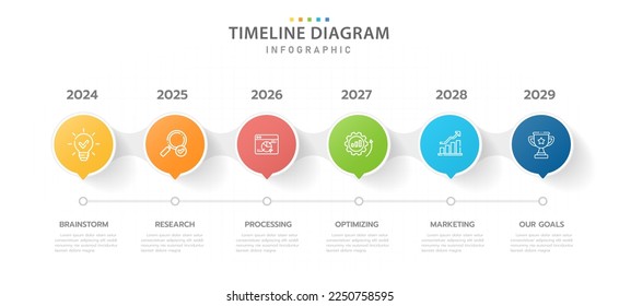 Plantilla de infografía para empresas. 6 Pasos calendario moderno de diagrama de línea de tiempo con círculo y temas, infografía de vector de presentación.