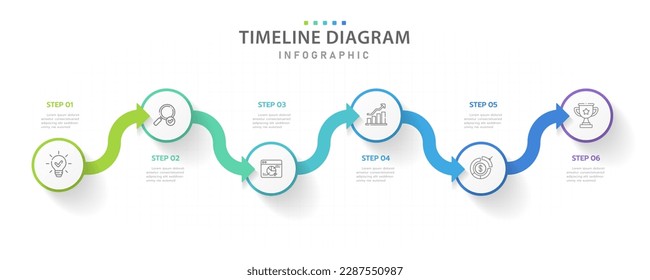 Infographic template for business. 6 Steps Modern Timeline diagram with arrow topics, presentation vector infographic.