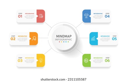 Infografische Vorlage für Unternehmen. 6 Schritte Modernes Mindmap-Diagramm mit rechteckigen Themen, Darstellung Vektorgrafik.