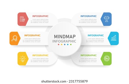 Infographic template for business. 6 Steps Modern Mindmap diagram with several topics, presentation vector infographic.