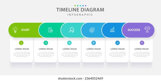 Plantilla de infografía para empresas. 6 Pasos Diagrama moderno de la línea de tiempo con hoja de ruta y gráficos de temas redondeados de rectángulo, infografía de vector de presentación.