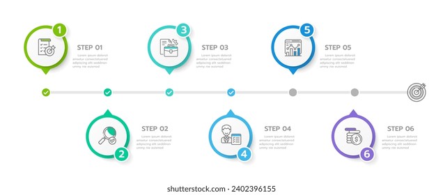 Plantilla de infografía para empresas. 6 Pasos Diagrama moderno de la línea de tiempo con hojas de ruta y gráficos de temas de círculo, infografía de vector de presentación.