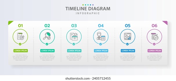 Infografische Vorlage für Unternehmen. 6 Schritte Modernes Zeitdiagramm mit Roadmap- und Rechteck-Themendiagrammen, Darstellungsvektorgrafik.