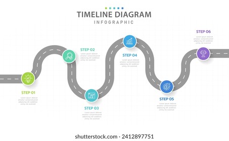 Infographic template for business. 6 Steps Modern Timeline diagram with road journey concept, presentation vector infographic.