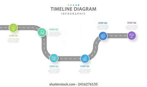 Plantilla de infografía para empresas. 6 Pasos Diagrama moderno de la línea de tiempo con concepto de viaje por carretera, infografía del vector de presentación.