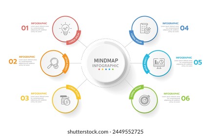 Infographic template for business. 6 Steps Modern Mindmap diagram with rectangle topics, presentation vector infographic.