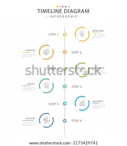 Infographic template for business. 6 Steps Modern Timeline diagram calendar with vertical topics and circles, presentation vector infographic.
