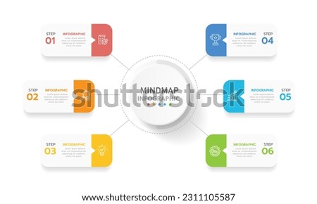 Infographic template for business. 6 Steps Modern Mindmap diagram with rectangle topics, presentation vector infographic.