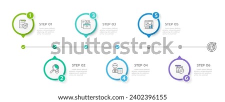 Infographic template for business. 6 Steps Modern Timeline diagram with roadmap and circle topic charts, presentation vector infographic.