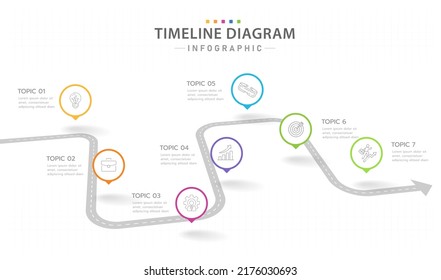 Plantilla de infografía para empresas. 7 Pasos calendario moderno de diagrama de línea de tiempo con flechas, infografía del vector de presentación.