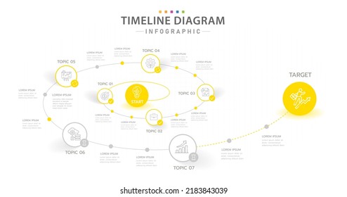 Plantilla de infografía para empresas. 7 Escalas Diagrama moderno de la línea de tiempo con concepto de carretera espiral, infografía de vector de presentación.