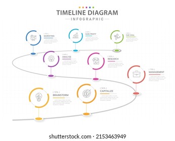 Infographic template for business. 8 Steps Modern Timeline diagram with circles, presentation vector infographic.