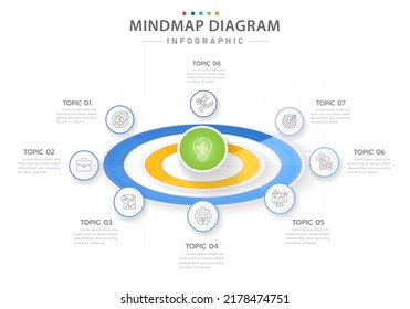 Infographic template for business. 8 Steps Modern Mindmap diagram with circle topics, presentation vector infographic.