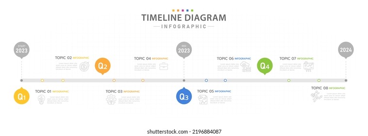 Plantilla de infografía para empresas. 8 pasos Calendario de diagrama de línea de tiempo moderno con 4 trimestres de temas, infografía de vector de presentación.