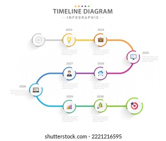 Infographic template for business. 8 Steps Modern Timeline diagram with Yearly topics, presentation vector infographic.