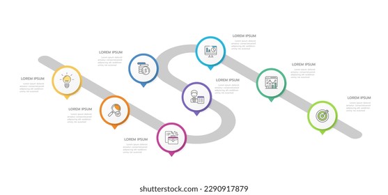 Plantilla de infografía para empresas. 8 Pasos Guía de diagrama de línea de tiempo moderna con temas de círculo, infografía de vector de presentación.