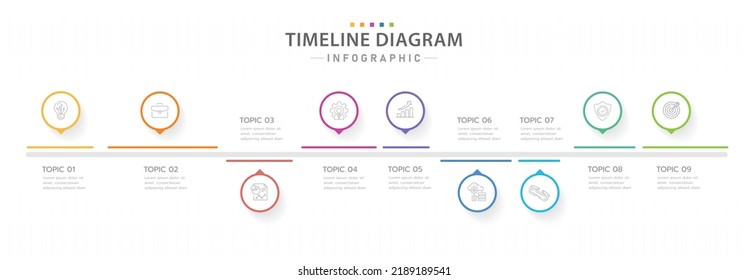 Infografische Vorlage für Unternehmen. 9 Schritte Moderner Zeitdiagramm Kalender mit Kreisthemen, Darstellung Vektorgrafik.